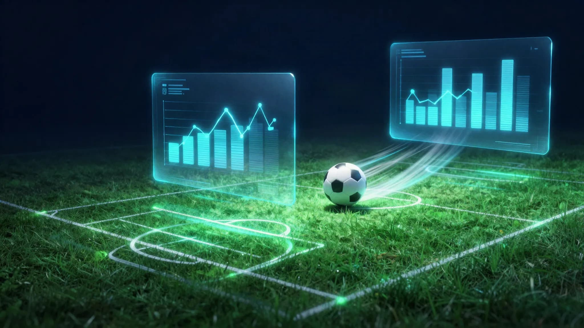 Illustration d'un terrain de football la nuit, avec un ballon et des panneaux lumineux de statistiques flottants, symbolisant l'analyse de données sportives par SCOREVIA.